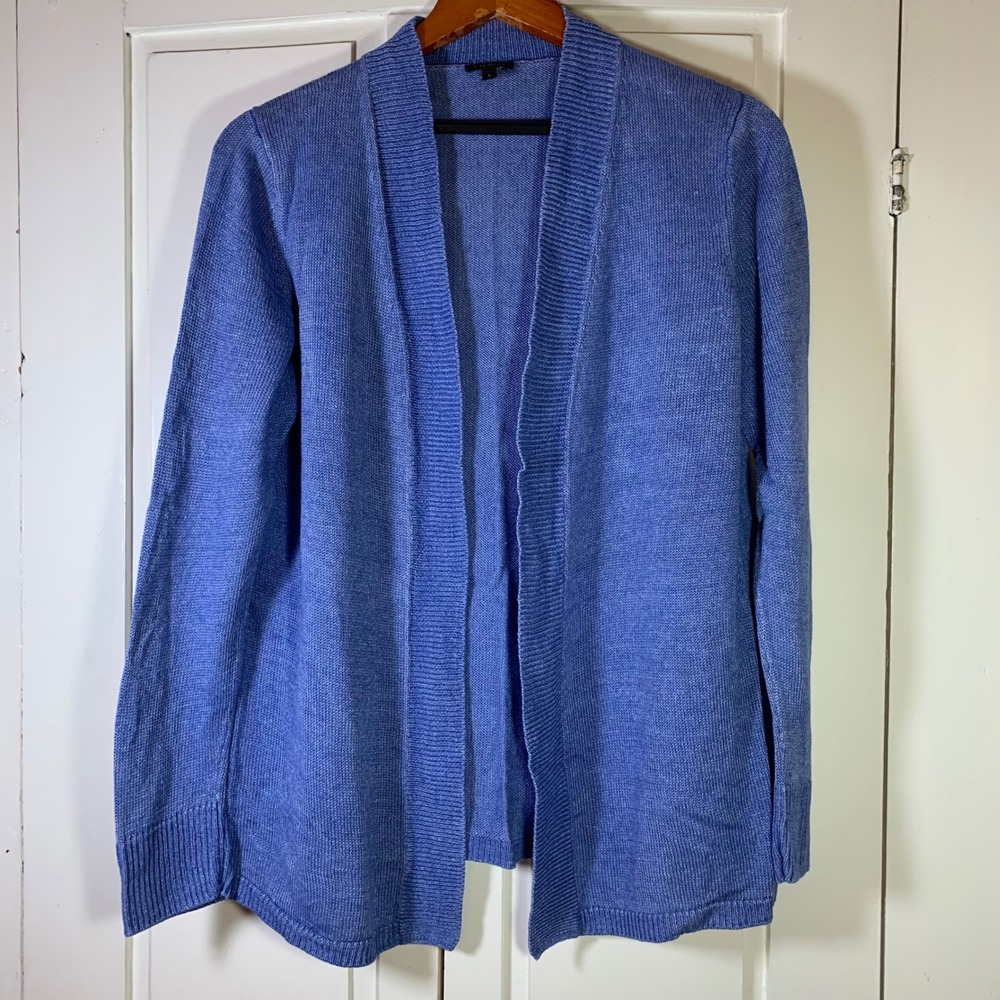 Talbots Linen Open Front Cardigan Sweater Large Coastal Church Periwinkle Blue